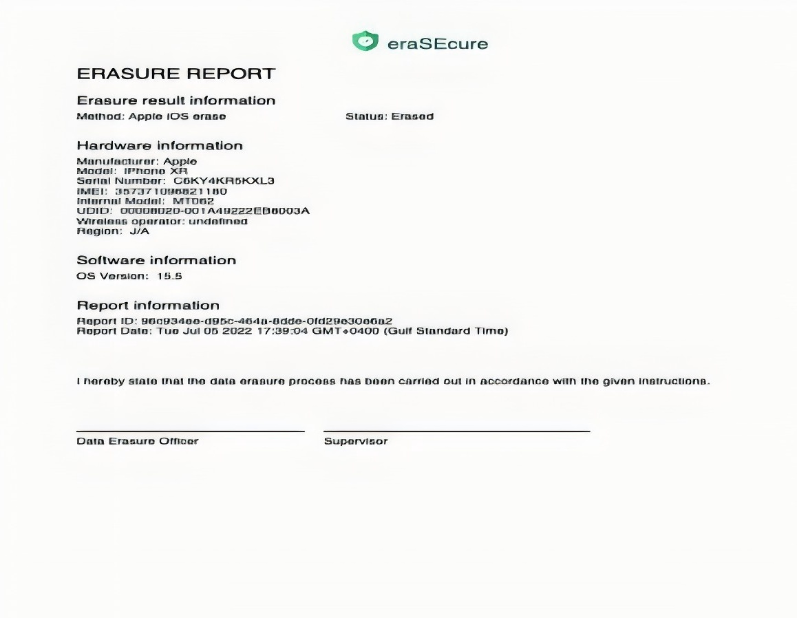 Certified data erasure report sample