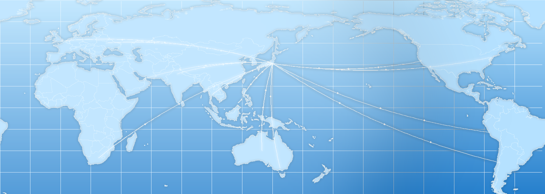 Global network map centered on Japan, radiating routes to Shenzhen, Hong Kong, Dubai, Southeast Asia, India and Africa
